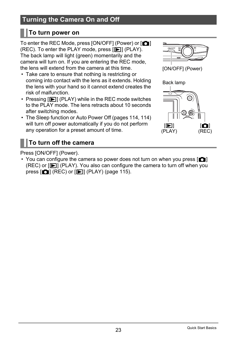 Turning the camera on and off, To turn power on, To turn off the camera | Casio EX-S5 User Manual | Page 23 / 148