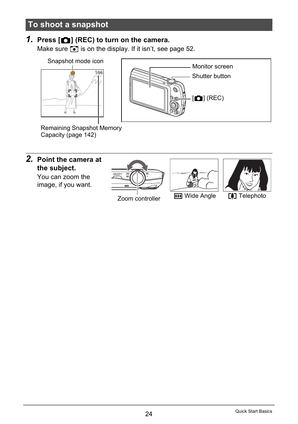 To shoot a snapshot | Casio EX-S5 User Manual | Page 24 / 148