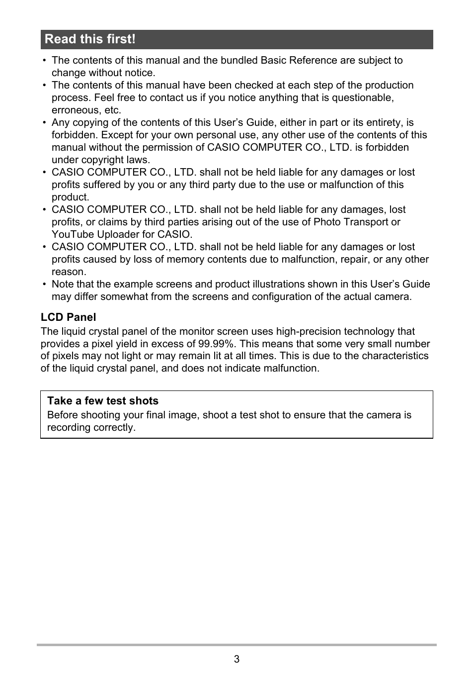 Read this first | Casio EX-S5 User Manual | Page 3 / 148