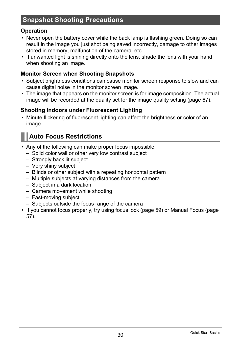 Snapshot shooting precautions, Auto focus restrictions | Casio EX-S5 User Manual | Page 30 / 148