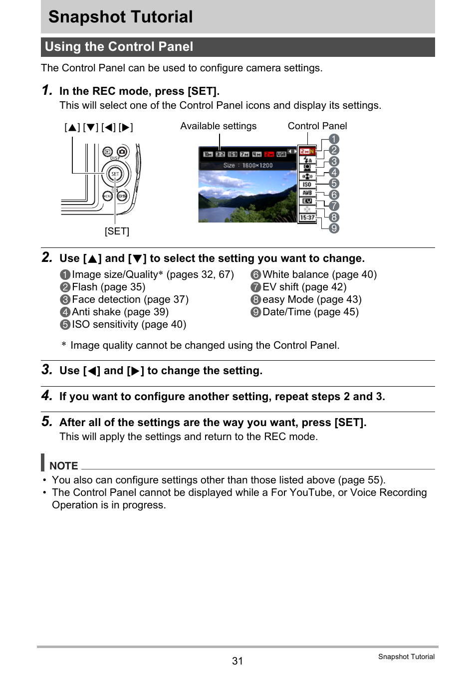 Snapshot tutorial, Using the control panel | Casio EX-S5 User Manual | Page 31 / 148