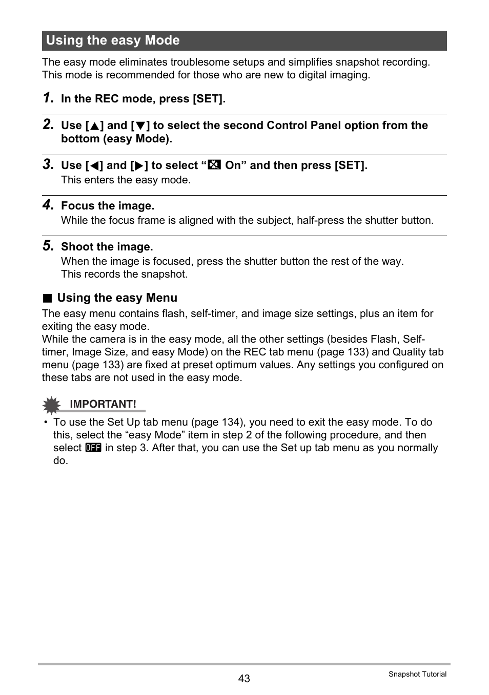 Using the easy mode | Casio EX-S5 User Manual | Page 43 / 148