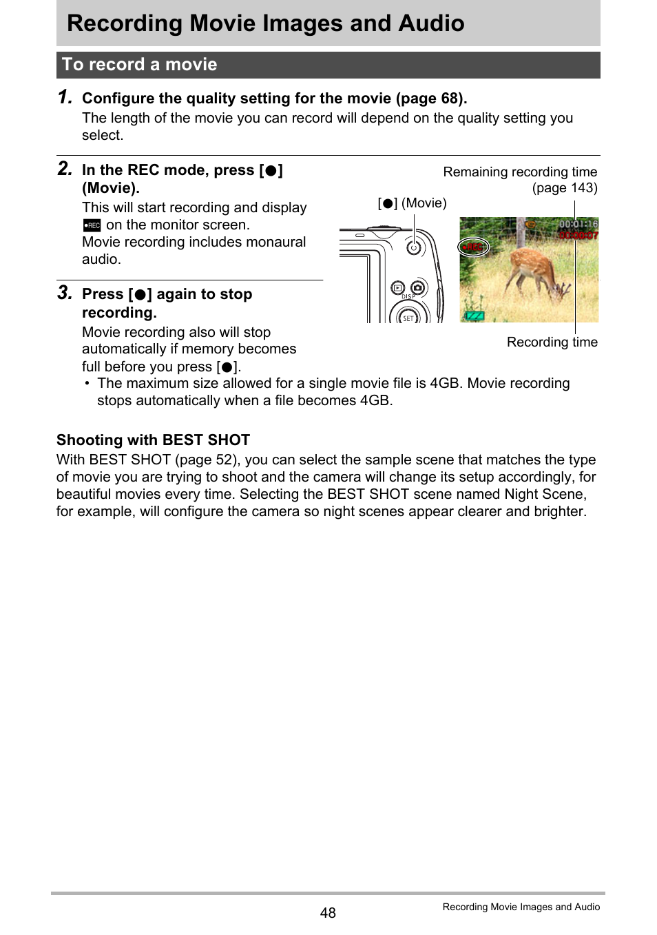 Recording movie images and audio, To record a movie | Casio EX-S5 User Manual | Page 48 / 148