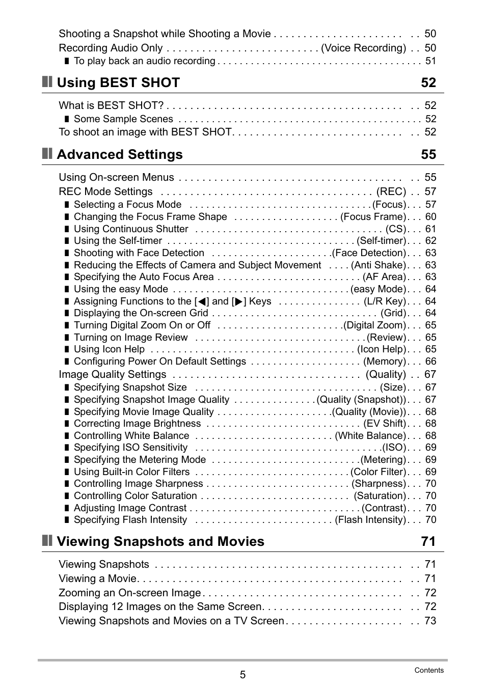 Using best shot 52, Advanced settings 55, Viewing snapshots and movies 71 | Casio EX-S5 User Manual | Page 5 / 148