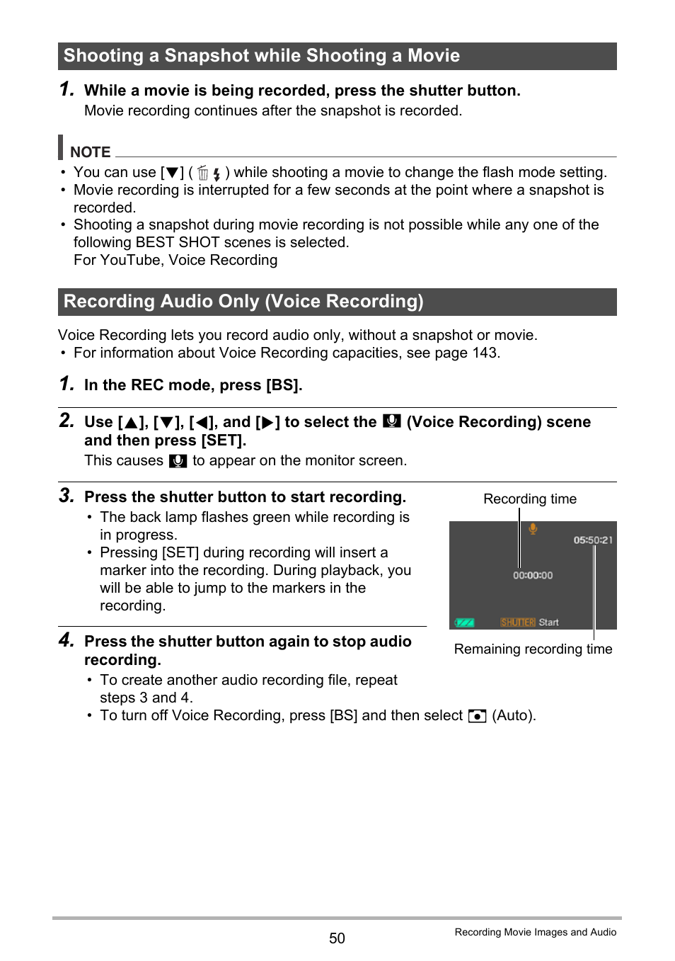 Shooting a snapshot while shooting a movie, Recording audio only (voice recording) | Casio EX-S5 User Manual | Page 50 / 148