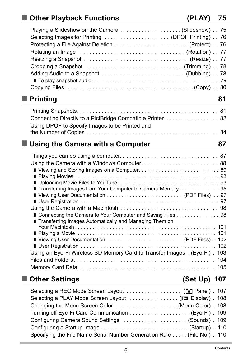 Other playback functions (play) 75, Printing 81, Using the camera with a computer 87 | Other settings (set up) 107 | Casio EX-S5 User Manual | Page 6 / 148