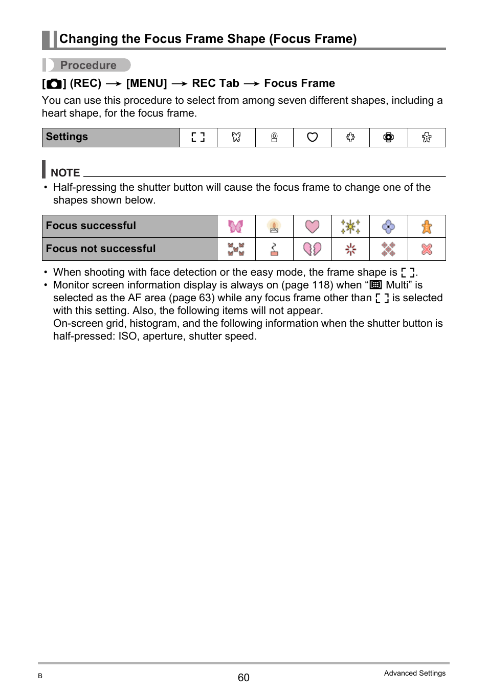 Changing the focus frame shape (focus frame) | Casio EX-S5 User Manual | Page 60 / 148