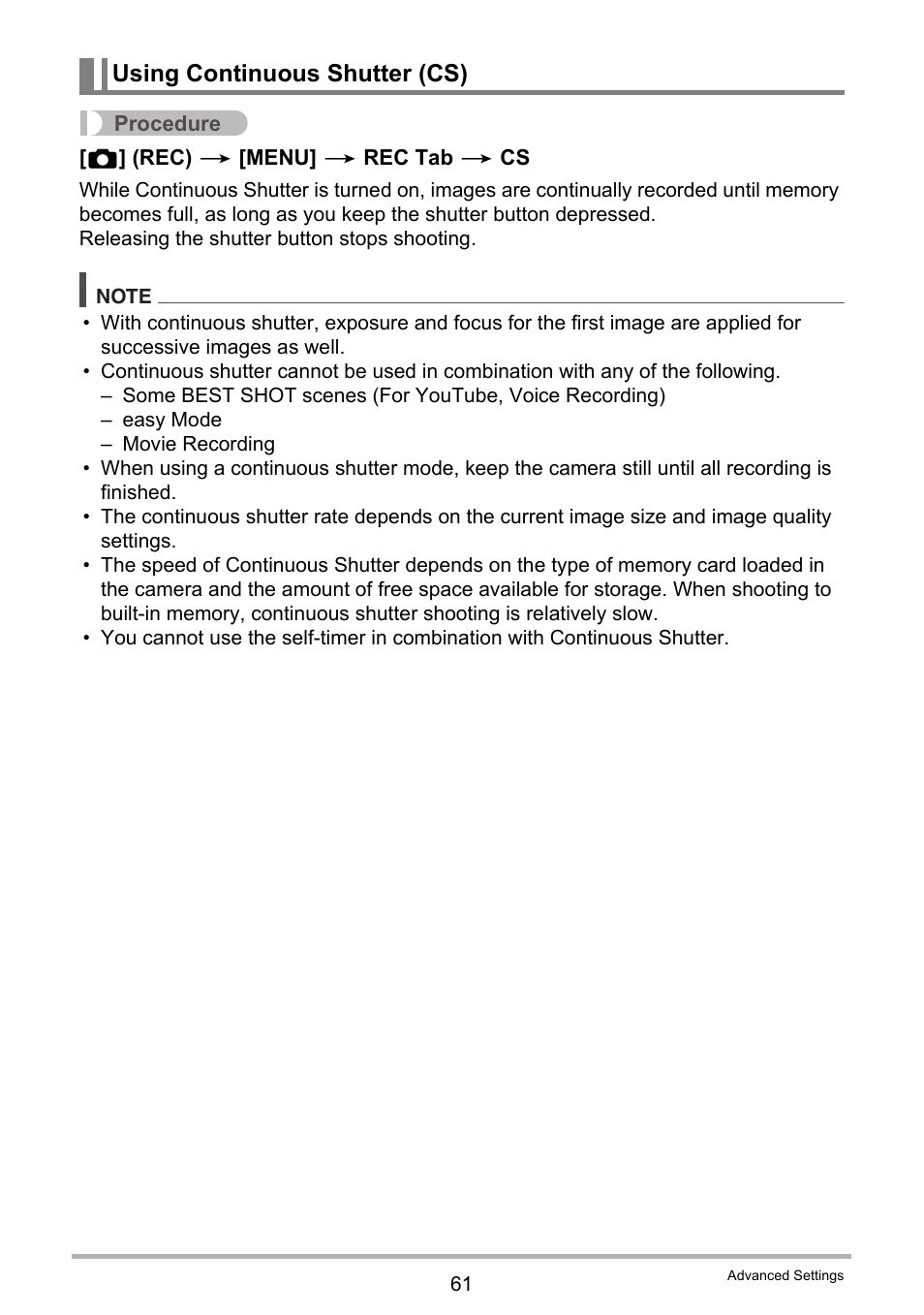 Using continuous shutter (cs) | Casio EX-S5 User Manual | Page 61 / 148