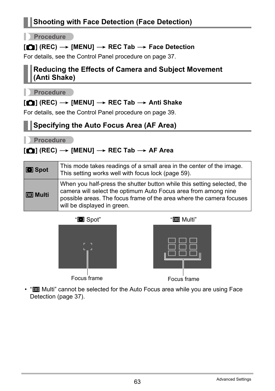 Shooting with face detection (face detection), Specifying the auto focus area (af area) | Casio EX-S5 User Manual | Page 63 / 148