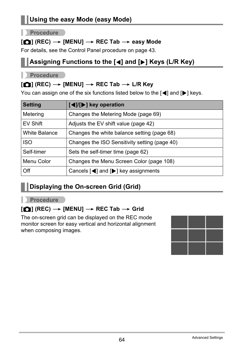 Using the easy mode (easy mode), Displaying the on-screen grid (grid) | Casio EX-S5 User Manual | Page 64 / 148