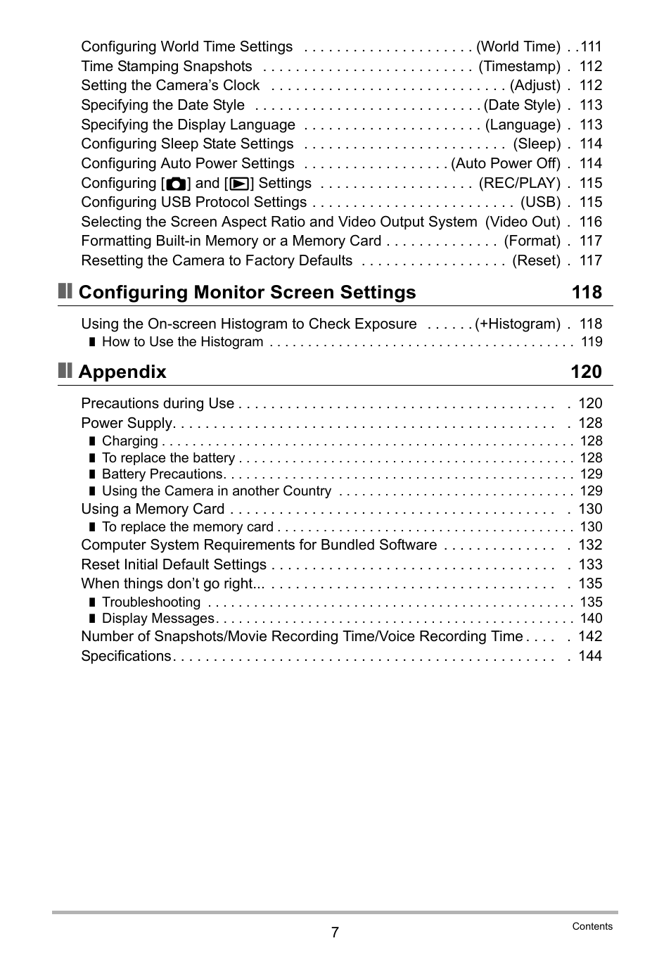 Configuring monitor screen settings 118, Appendix 120 | Casio EX-S5 User Manual | Page 7 / 148