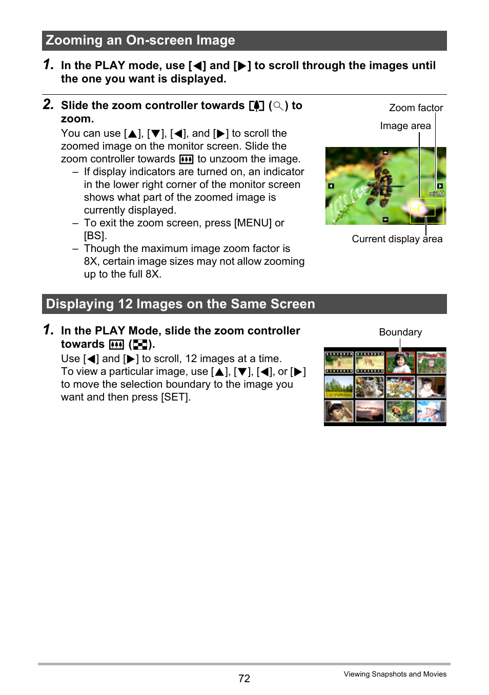 Zooming an on-screen image, Displaying 12 images on the same screen, 72). if you ar | Casio EX-S5 User Manual | Page 72 / 148