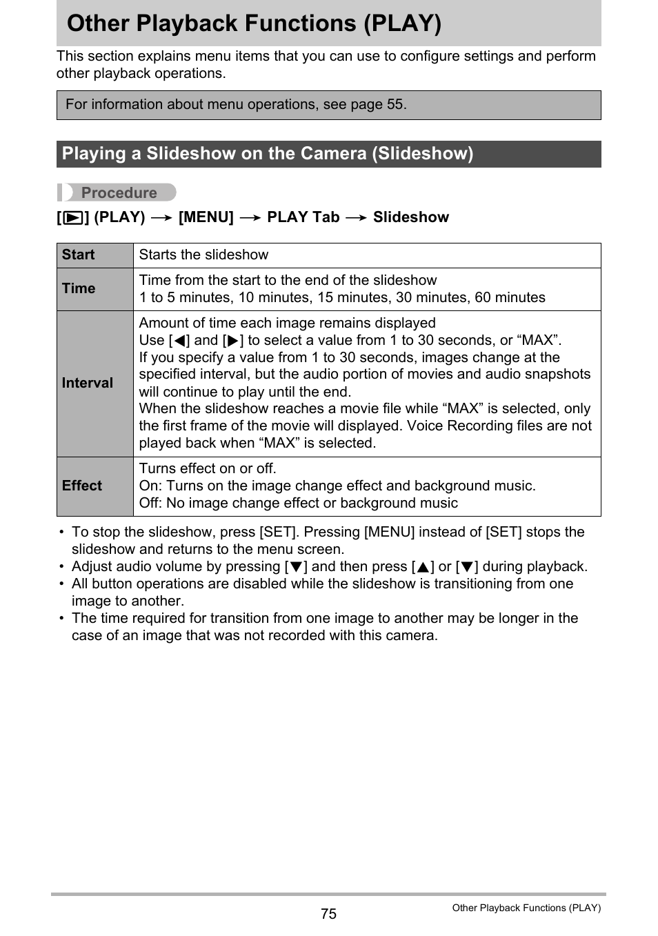 Other playback functions (play), Playing a slideshow on the camera (slideshow), Other playback functions | Play) 75 | Casio EX-S5 User Manual | Page 75 / 148