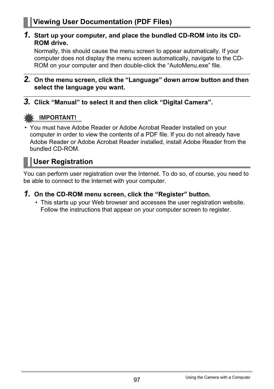 Viewing user documentation (pdf files), User registration | Casio EX-S5 User Manual | Page 97 / 148