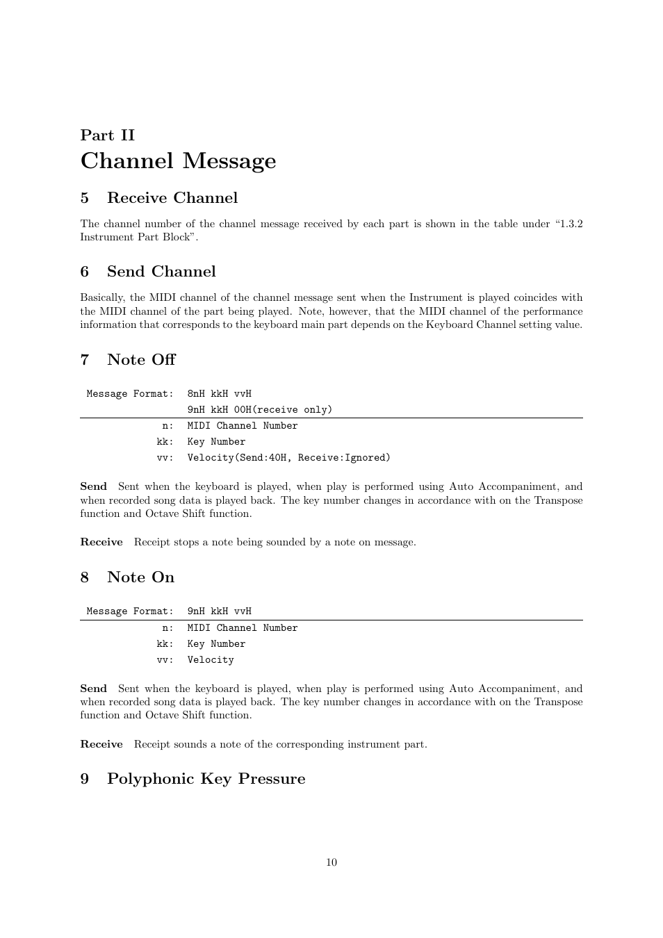 Channel message, Part ii, 5receive channel | 6send channel, 9polyphonic key pressure | Casio CTK6000 User Manual | Page 10 / 77