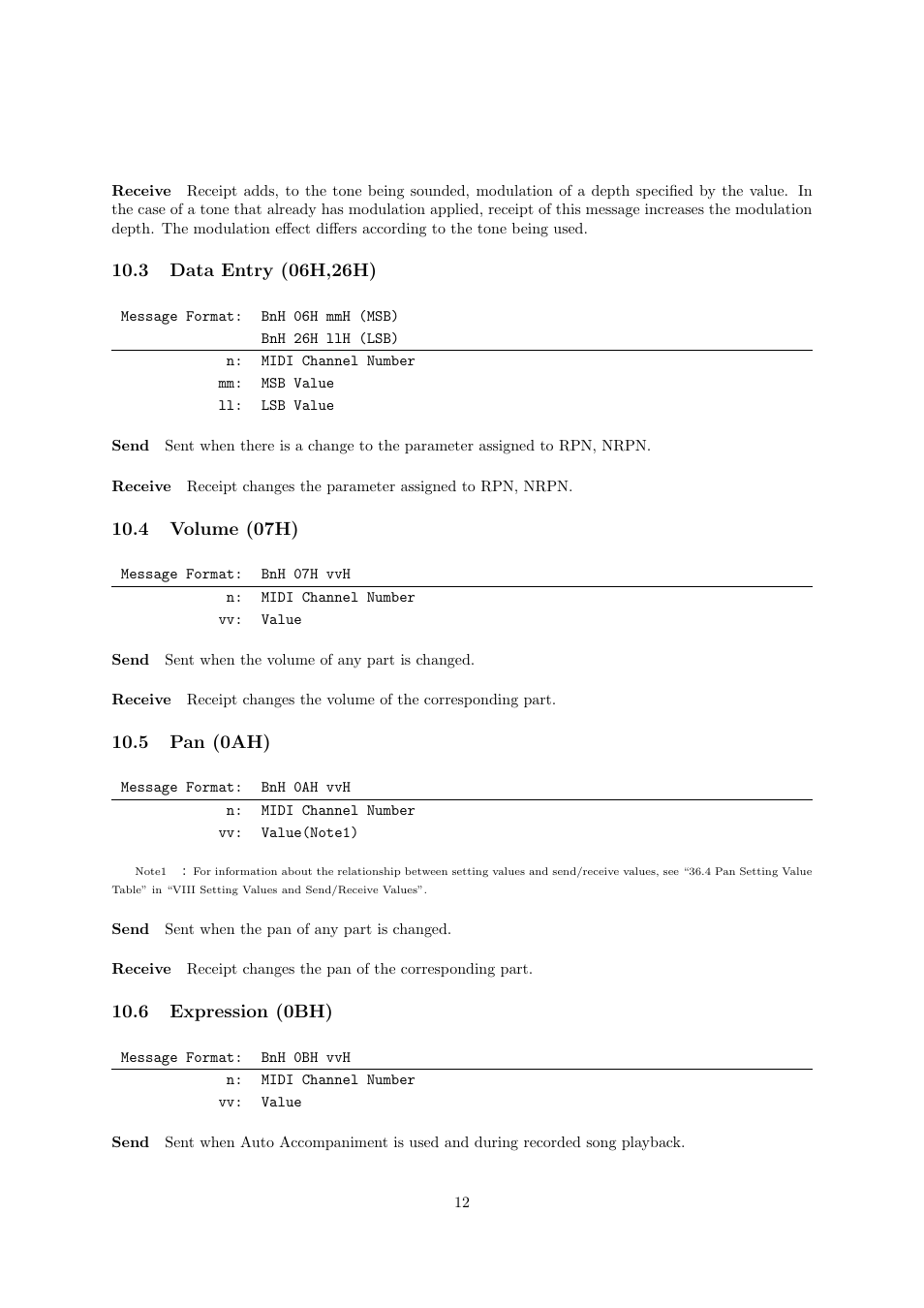 4 volume (07h), 5 pan (0ah), 6 expression (0bh) | Casio CTK6000 User Manual | Page 12 / 77