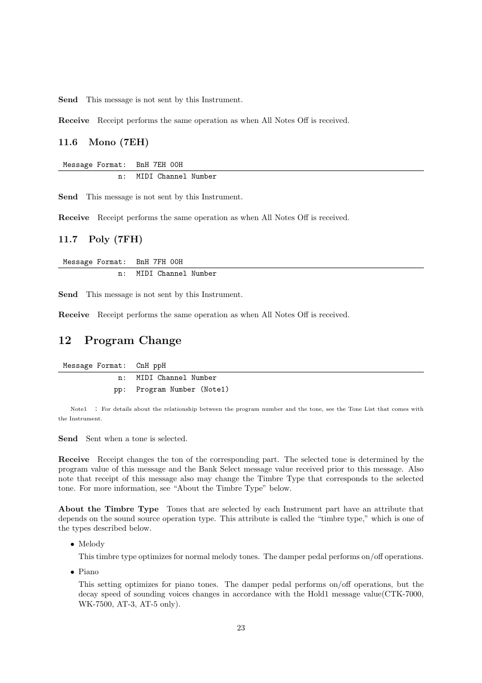 12 program change, 6 mono (7eh), 7 poly (7fh) | Casio CTK6000 User Manual | Page 23 / 77