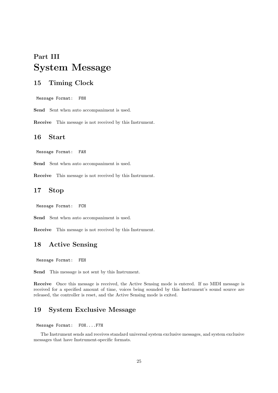 System message, Part iii, 15 timing clock | 16 start, 17 stop, 18 active sensing, 19 system exclusive message | Casio CTK6000 User Manual | Page 25 / 77