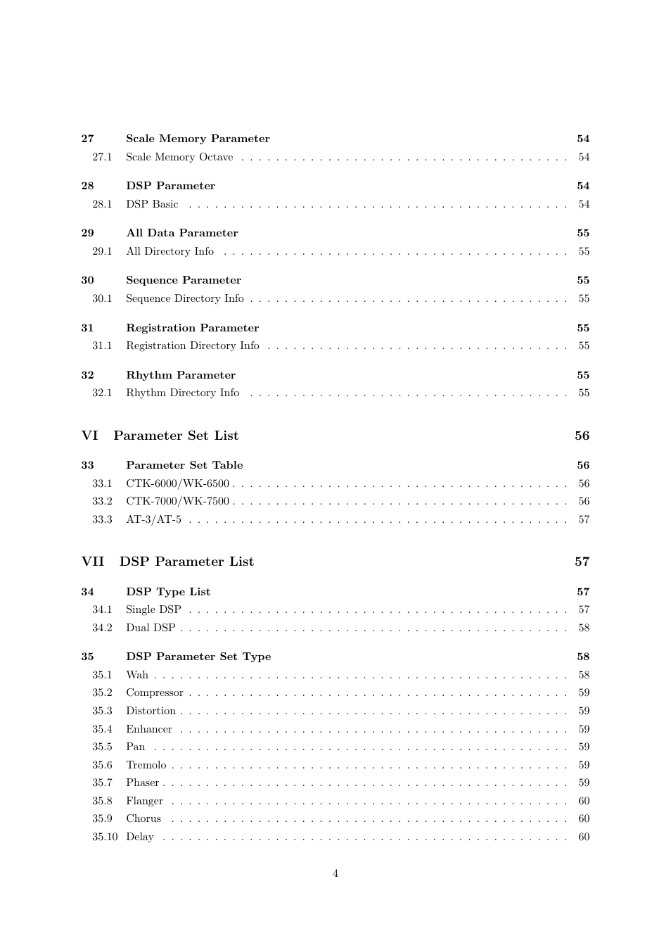 Vi parameter set list 56, Vii dsp parameter list 57 | Casio CTK6000 User Manual | Page 4 / 77