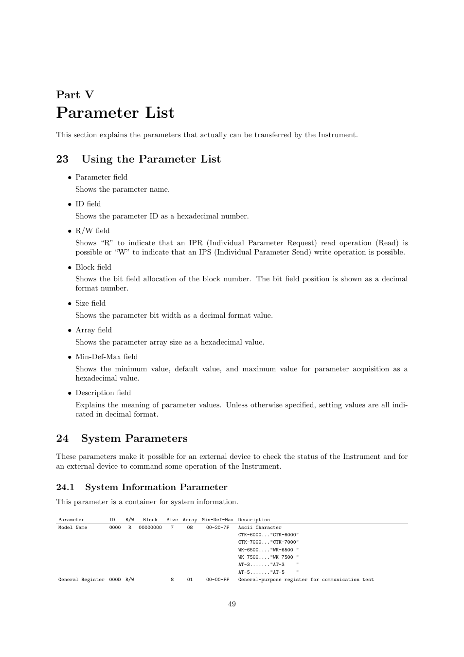 Parameter list, Part v, 23 using the parameter list | 24 system parameters, 1 system information parameter | Casio CTK6000 User Manual | Page 49 / 77