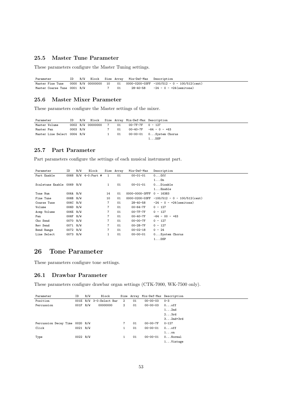 26 tone parameter, 5 master tune parameter, 6 master mixer parameter | 7 part parameter, 1 drawbar parameter, These parameters conﬁgure tone settings | Casio CTK6000 User Manual | Page 53 / 77