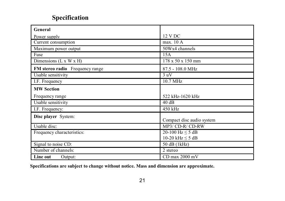 Specification | Hyundai H-CDM8035 User Manual | Page 21 / 45