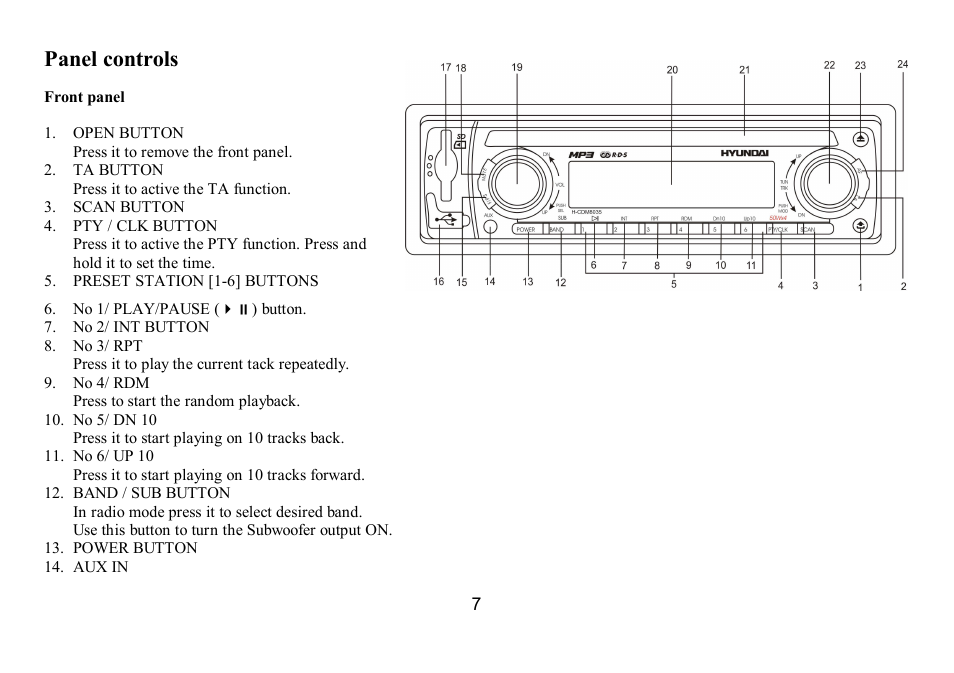 Panel controls | Hyundai H-CDM8035 User Manual | Page 7 / 45