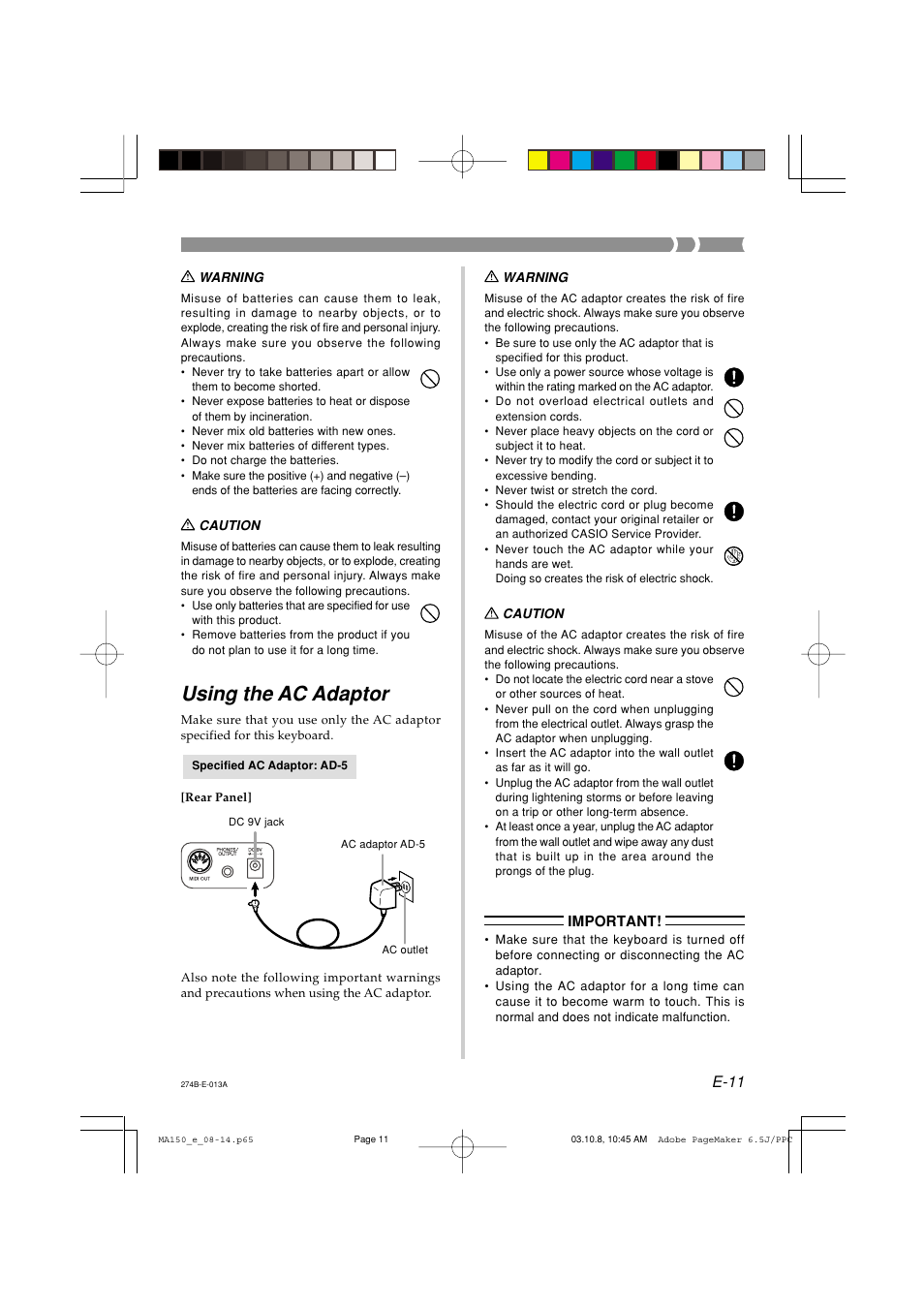 Using the ac adaptor, E-11 | Casio MA-150 User Manual | Page 13 / 43
