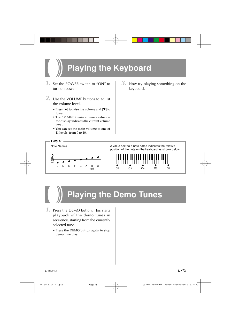 Playing the keyboard, Playing the demo tunes | Casio MA-150 User Manual | Page 15 / 43