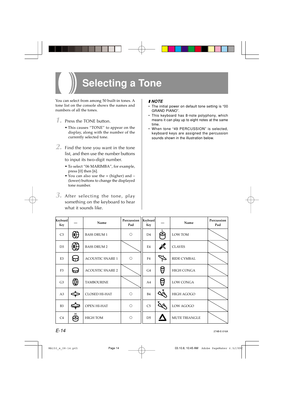 Selecting a tone, E-14 | Casio MA-150 User Manual | Page 16 / 43