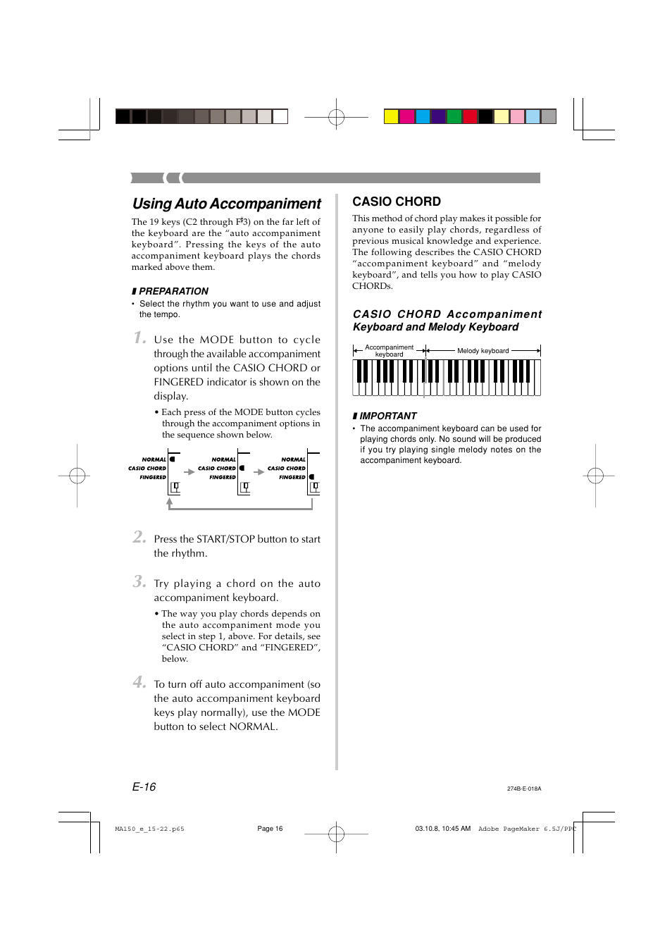Using auto accompaniment | Casio MA-150 User Manual | Page 18 / 43