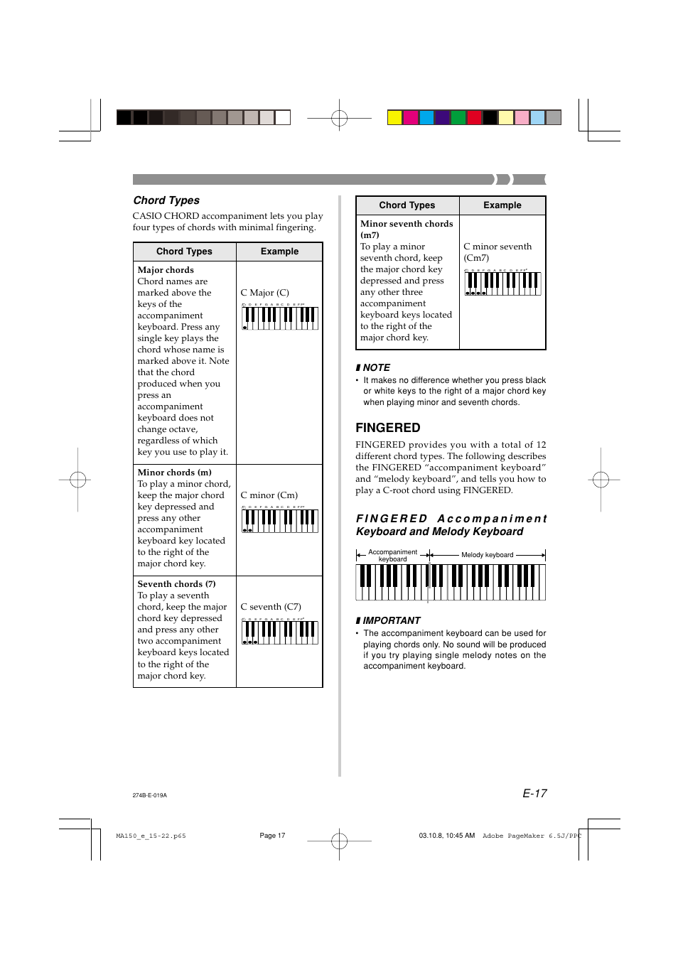 Fingered, E-17, Chord types | Important | Casio MA-150 User Manual | Page 19 / 43