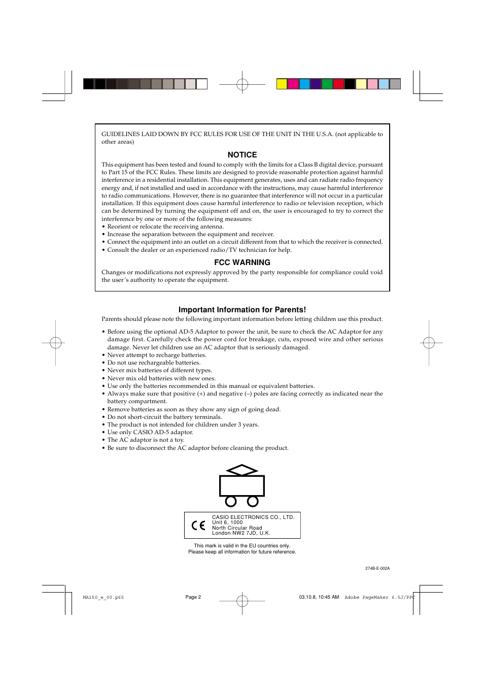 Notice, Fcc warning, Important information for parents | Casio MA-150 User Manual | Page 2 / 43
