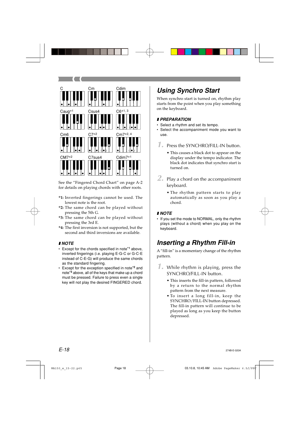 Using synchro start, Inserting a rhythm fill-in, E-18 | Casio MA-150 User Manual | Page 20 / 43