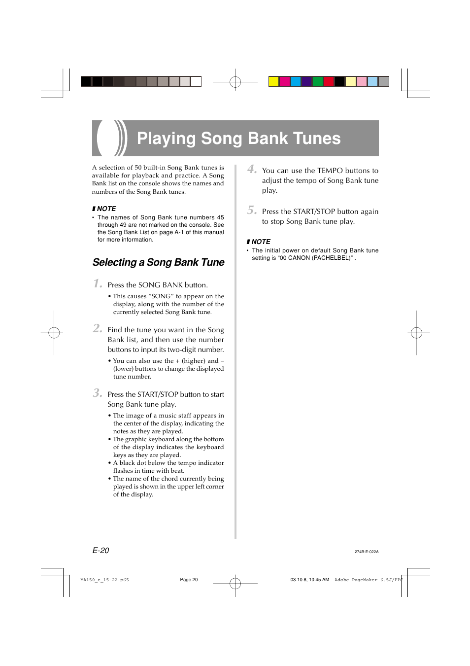 Playing song bank tunes, Selecting a song bank tune | Casio MA-150 User Manual | Page 22 / 43