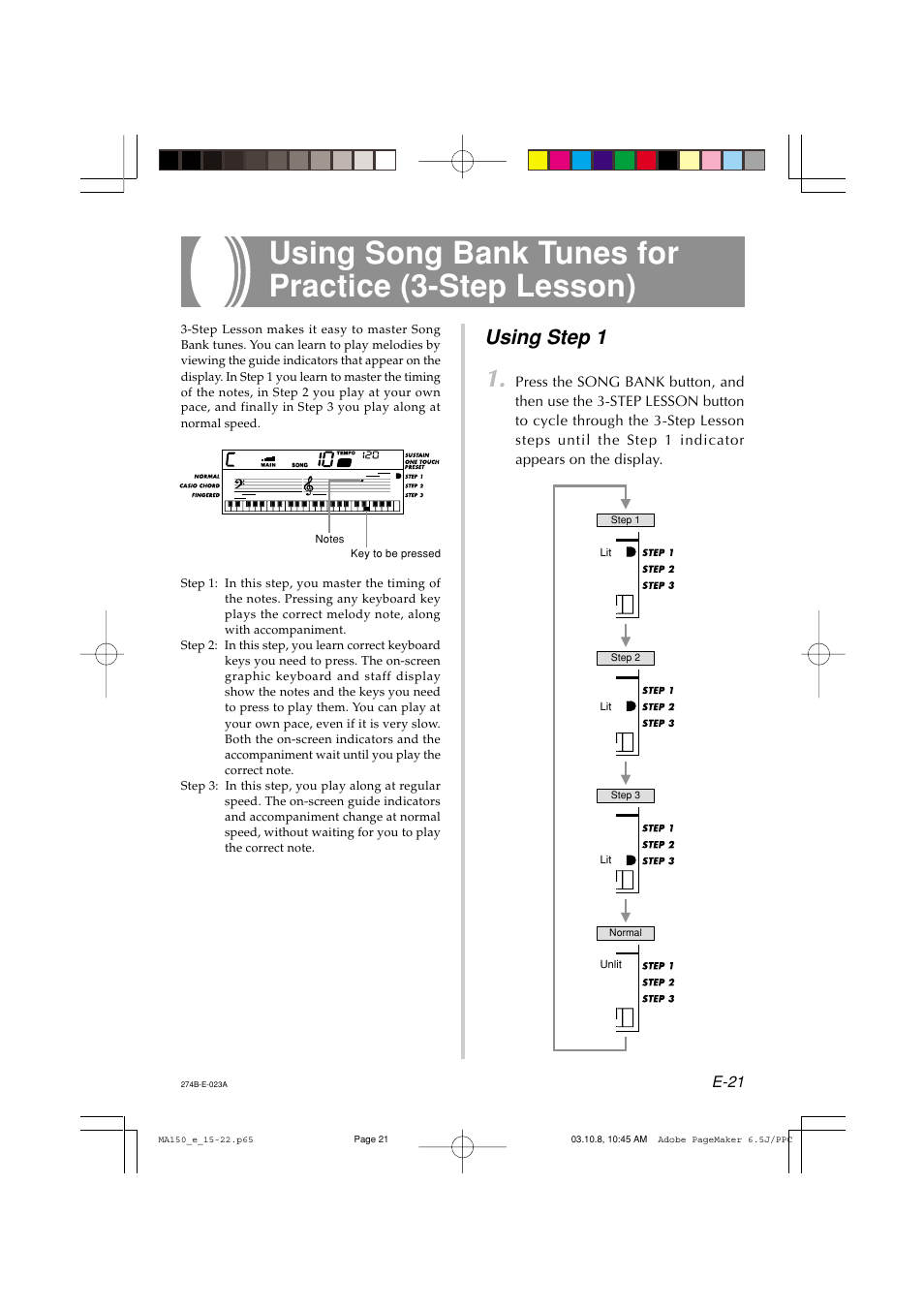 Using song bank tunes for practice (3-step lesson), Using step 1 | Casio MA-150 User Manual | Page 23 / 43