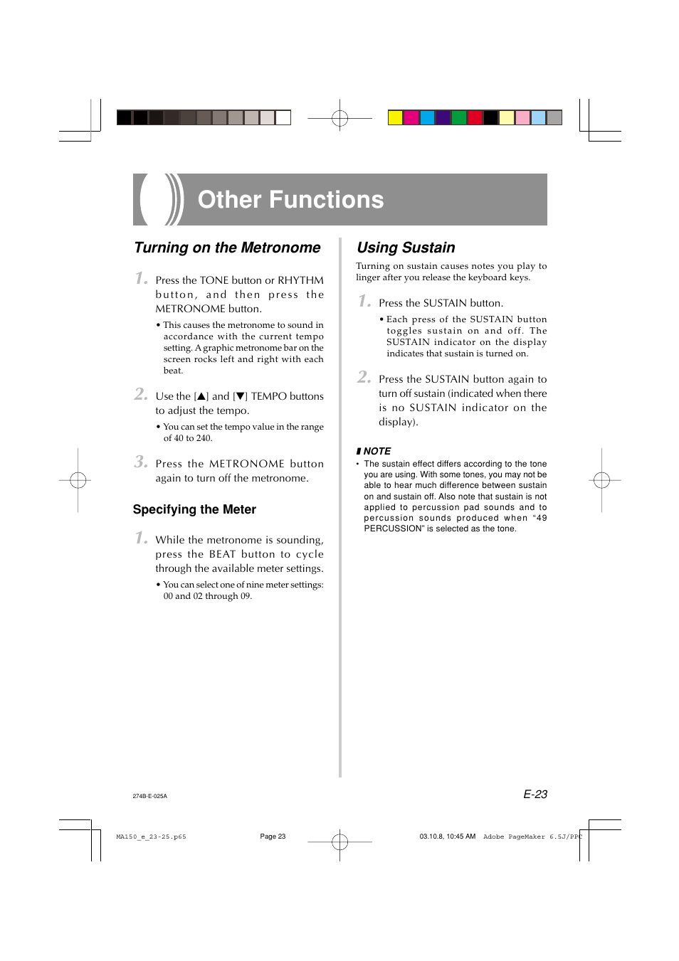 Other functions, Turning on the metronome, Using sustain | Casio MA-150 User Manual | Page 25 / 43