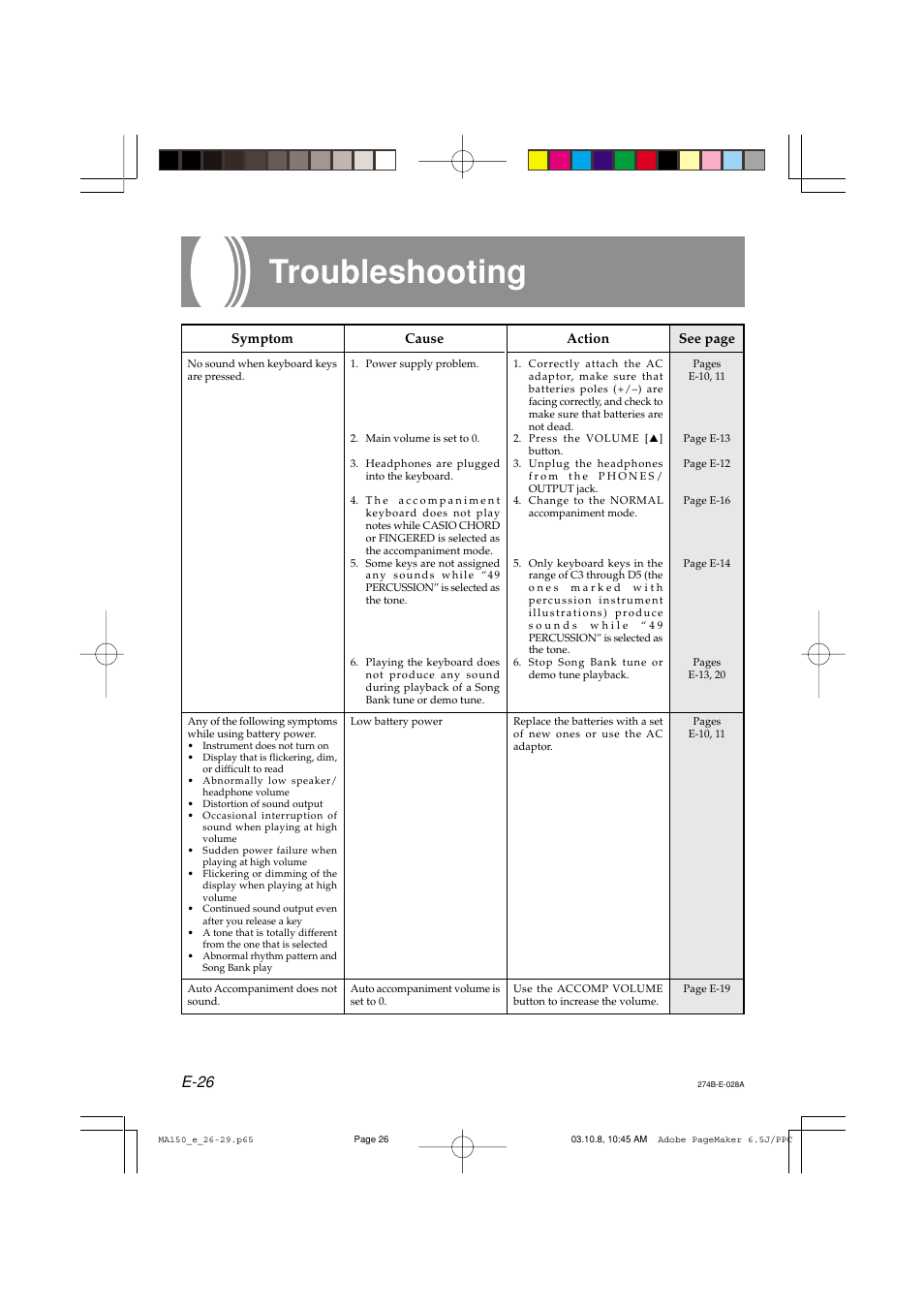 Troubleshooting, E-26 | Casio MA-150 User Manual | Page 28 / 43