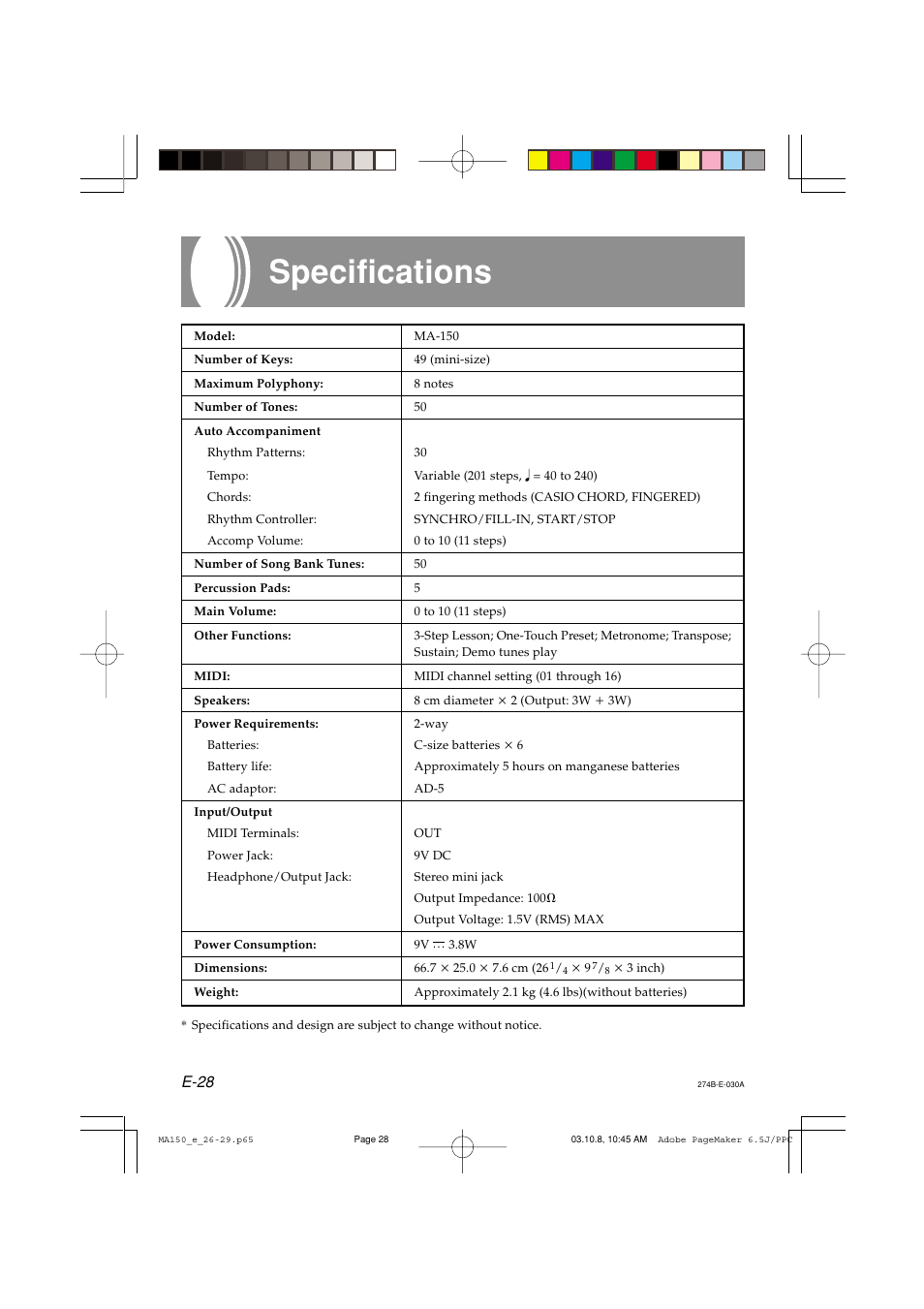 Specifications, E-28 | Casio MA-150 User Manual | Page 30 / 43