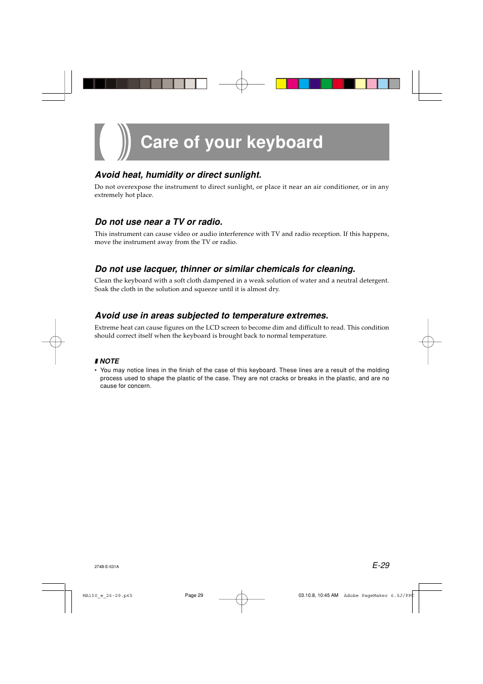 Care of your keyboard, Avoid heat, humidity or direct sunlight, Do not use near a tv or radio | Casio MA-150 User Manual | Page 31 / 43