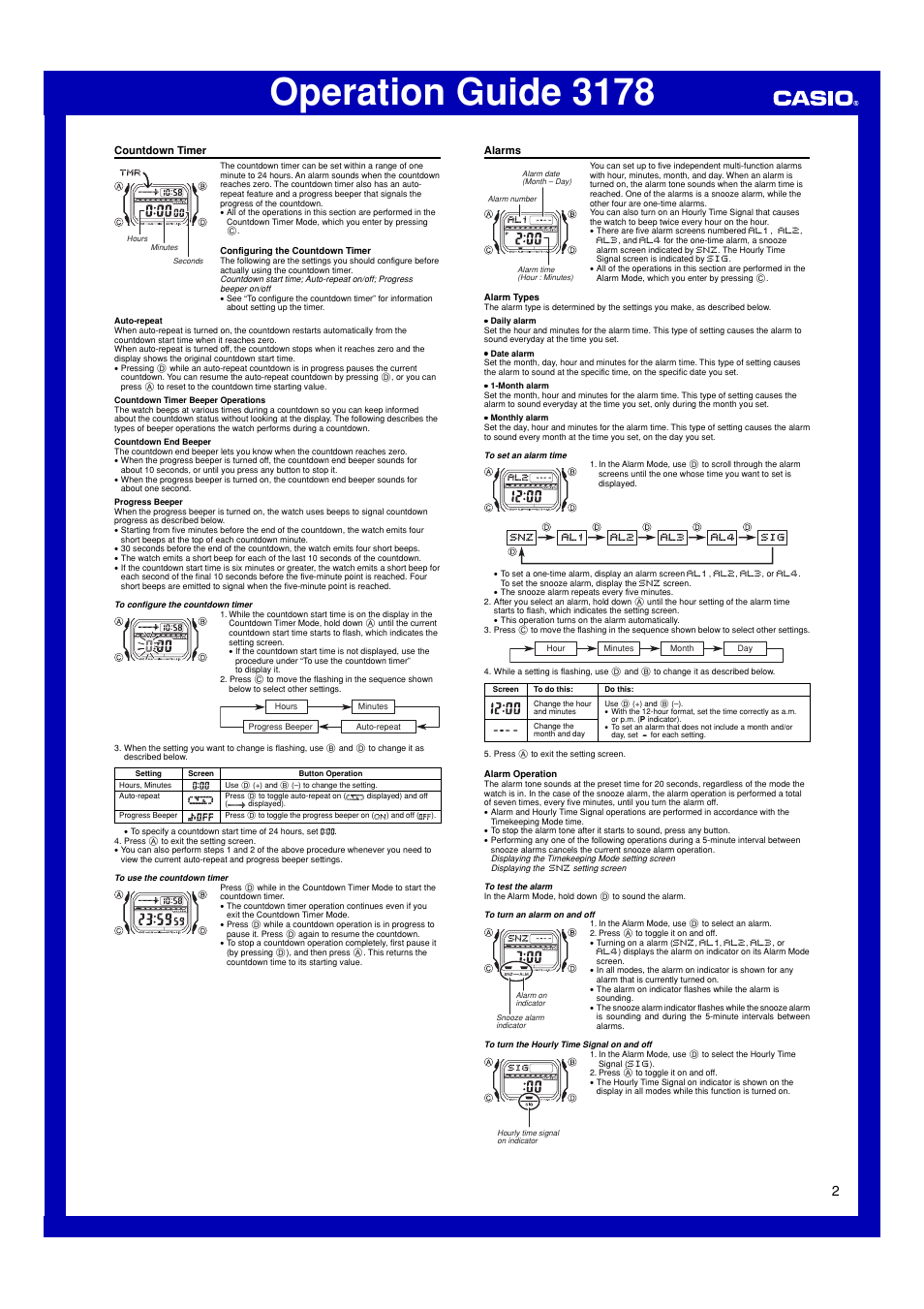 Countdown timer, Alarms, Operation guide 3178 | Casio 3178 User Manual | Page 2 / 4