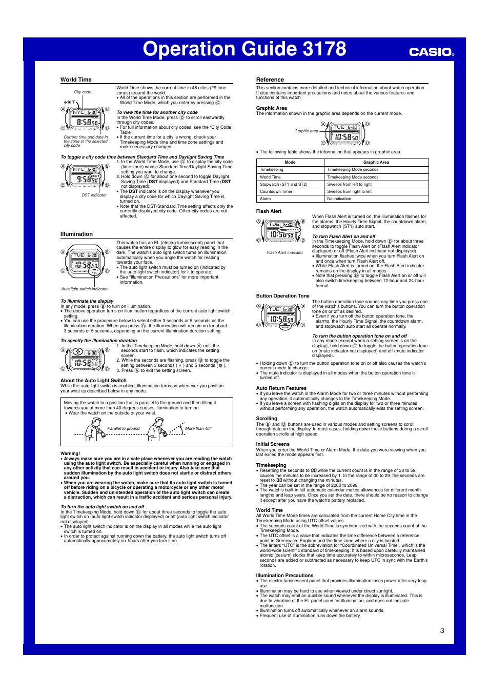 World time, Illumination, Reference | Operation guide 3178 | Casio 3178 User Manual | Page 3 / 4