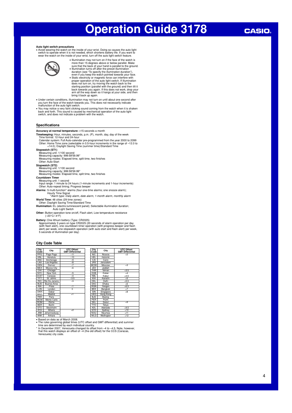Specifications, City code table, Operation guide 3178 | Casio 3178 User Manual | Page 4 / 4