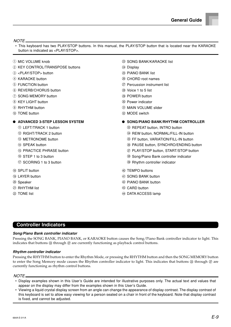Controller indicators, E-9 general guide | Casio LK300TV User Manual | Page 11 / 74