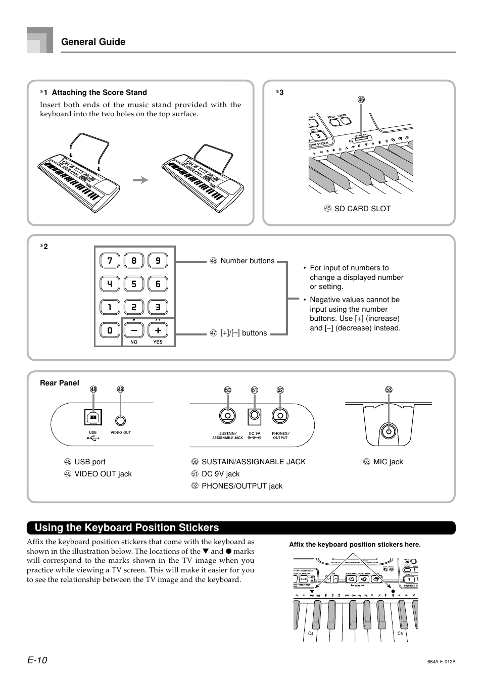 Using the keyboard position stickers, E-10 general guide | Casio LK300TV User Manual | Page 12 / 74