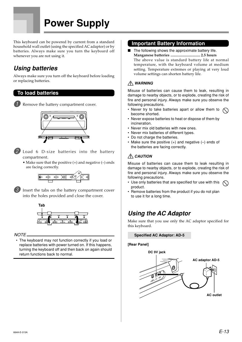 Power supply, Using the ac adaptor, Using batteries | Important battery information | Casio LK300TV User Manual | Page 15 / 74