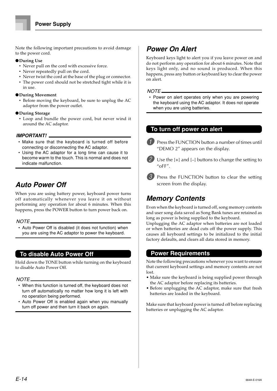 Auto power off, Power on alert, Power requirements | Casio LK300TV User Manual | Page 16 / 74