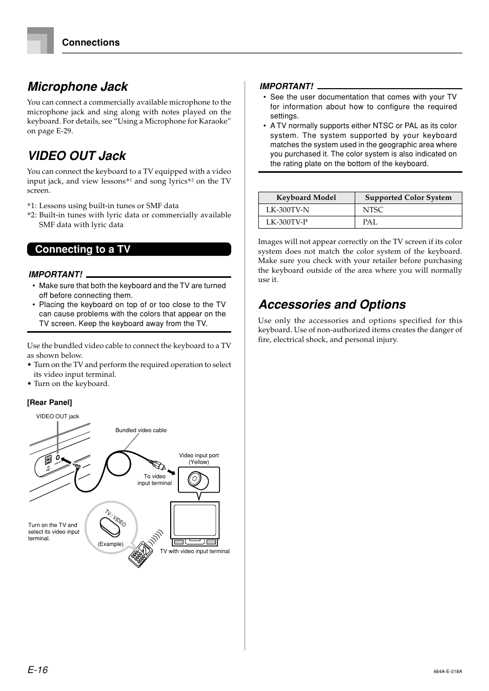 Microphone jack, Video out jack, Accessories and options | Connecting to a tv, E-16, Connections | Casio LK300TV User Manual | Page 18 / 74