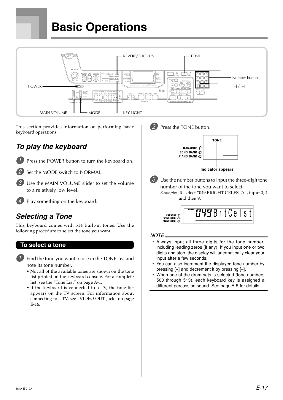 Basic operations, Selecting a tone | Casio LK300TV User Manual | Page 19 / 74