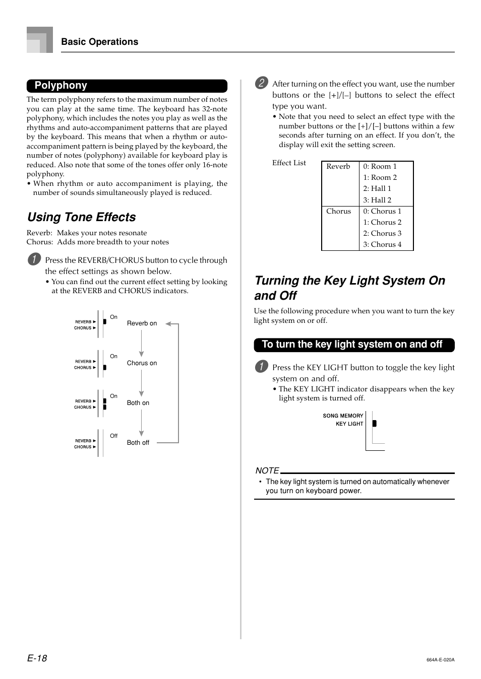 Using tone effects, Turning the key light system on and off, Polyphony | Casio LK300TV User Manual | Page 20 / 74